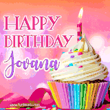 A vibrant birthday GIF featuring a rainbow-colored cupcake topped with white frosting, sprinkles, and a lit candle. The text reads 'Happy Birthday Jovana' in bold pink and violet letters with white outline.