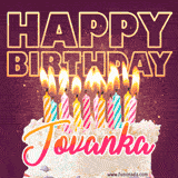 A colorful birthday cake topped with lit candles, with the words 'Happy Birthday Jovanka' in bold glowing letters on a burgundy background. Animated flames add a festive touch.