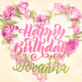 A stunning heart made of pink roses surrounds the elegant script text 'Happy Birthday Jovanka' on a soft beige background. Animated sparkles add a magical and festive feel.