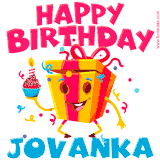 A vibrant and funny gift box character with a happy face dancing with a cupcake and the text 'Happy Birthday Jovanka,' surrounded by animated confetti and party vibes.