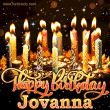 A glowing personalized birthday GIF with name Jovanna featuring lit candles with intricate designs, warm lighting, and the text 'Happy Birthday' in an elegant font.