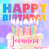 A vibrant animated name GIF with the words 'Happy Birthday Jovanna' with colorful candles on a creamy cake. The background sparkles with pastel shades, adding a festive touch.