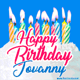 A cheerful animated GIF featuring colorful lit birthday candles on a white cake, with the text 'Happy Birthday Jovanny' in bold red and blue script on a bright blue background.