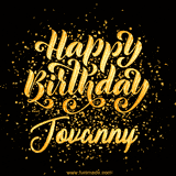 Animated GIF with colorful, festive 'Happy Birthday Jovanny' text decorated with patterns, a party hat, and falling confetti. A vibrant and cheerful design for birthday celebrations.