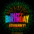A colorful animated GIF featuring the text 'Happy Birthday Jovanny!' in rainbow colors with a dynamic iridescent firework display in the background.