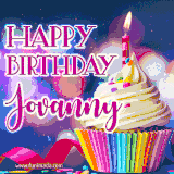 A festive animated GIF featuring a colorful cupcake with a single lit candle, sprinkles, and 'Happy Birthday Jovanny' text against a sparkling, celebratory background.