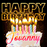 A vibrant animated GIF featuring a delicious birthday cake topped with glowing candles and the name 'Jovanny' in elegant script, and the words 'Happy Birthday' on the black background.