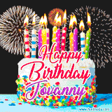 A lively happy birthday animated GIF showcasing a colorful birthday cake covered in sprinkles, topped with glowing candles, and surrounded by vibrant fireworks. The name 'Jovanny' is featured in elegant script.