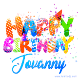 Animated GIF with colorful, festive 'Happy Birthday Jovanny' text decorated with patterns, a party hat, and falling confetti. A vibrant and cheerful design for birthday celebrations.
