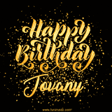 Animated GIF with colorful, festive 'Happy Birthday Jovany' text decorated with patterns, a party hat, and falling confetti. A vibrant and cheerful design for birthday celebrations.