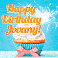 A cheerful animated GIF of a cupcake with creamy frosting, a red checkered ribbon, and a bright sparkler on top. The text 'Happy Birthday Jovany!' is displayed in vibrant orange and red.