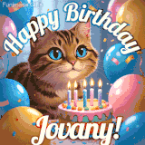A playful tabby cat sits behind a colorful birthday cake surrounded by balloons and confetti, with 'Happy Birthday Jovany!' written above in festive letters.