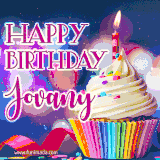 A festive animated GIF featuring a colorful cupcake with a single lit candle, sprinkles, and 'Happy Birthday Jovany' text against a sparkling, celebratory background.