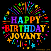 Vibrant animated GIF with 'Happy Birthday Jovany' in rainbow-colored text, surrounded by colorful stars and fireworks on a black background.