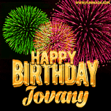 A captivating GIF with bursts of green, pink, and orange fireworks lighting up the night sky, accompanied by 'Happy Birthday Jovany' in glowing golden text.