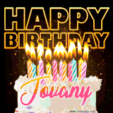 A vibrant animated GIF featuring a delicious birthday cake topped with glowing candles and the name 'Jovany' in elegant script, and the words 'Happy Birthday' on the black background.