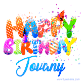 Animated GIF with colorful, festive 'Happy Birthday Jovany' text decorated with patterns, a party hat, and falling confetti. A vibrant and cheerful design for birthday celebrations.