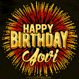 Golden 'Happy Birthday Jovi' text accompanied by animated rainbow fireworks for a festive animated greeting.