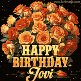 Animated bouquet of orange roses with moving butterfles and golden 'Happy Birthday Jovi' text, surrounded by sparkling accents and a dark backdrop for a luxurious feel.