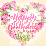 A stunning heart made of pink roses surrounds the elegant script text 'Happy Birthday Jovi' on a soft beige background. Animated sparkles add a magical and festive feel.