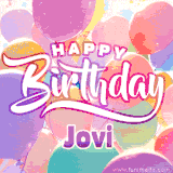 A vibrant name GIF featuring colorful balloons in shades of pink, orange, and yellow with the bold text 'Happy Birthday Jovi' in festive fonts, creating a lively birthday vibe.