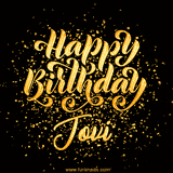 Animated GIF with colorful, festive 'Happy Birthday Jovi' text decorated with patterns, a party hat, and falling confetti. A vibrant and cheerful design for birthday celebrations.