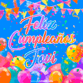 A vibrant animated GIF with 'Feliz Cumpleaños Jovi' written in colorful script, surrounded by balloons, confetti, and bunting on a bright blue background.