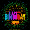 A colorful animated GIF featuring the text 'Happy Birthday Jovi!' in rainbow colors with a dynamic iridescent firework display in the background.