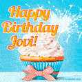 A cheerful animated GIF of a cupcake with creamy frosting, a red checkered ribbon, and a bright sparkler on top. The text 'Happy Birthday Jovi!' is displayed in vibrant orange and red.