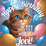 A playful tabby cat sits behind a colorful birthday cake surrounded by balloons and confetti, with 'Happy Birthday Jovi!' written above in festive letters.