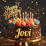Animated chocolate cake for Jovi's birthday with colorful whipped cream, burning candles, and a gold Happy Birthday topper.