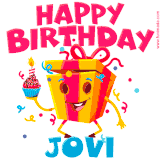 A funny animated birthday GIF with the words 'Happy Birthday Jovia', colorful gift box with arms and legs, holding a cupcake with a lit candle  with confetti everywhere.