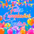 A vibrant animated GIF with 'Feliz Cumpleaños Jovian' written in colorful script, surrounded by balloons, confetti, and bunting on a bright blue background.