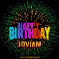 A colorful animated GIF featuring the text 'Happy Birthday Jovian!' in rainbow colors with a dynamic iridescent firework display in the background.