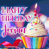 A festive animated GIF featuring a colorful cupcake with a single lit candle, sprinkles, and 'Happy Birthday Jovian' text against a sparkling, celebratory background.