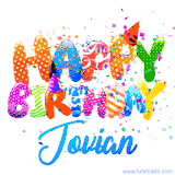 Animated GIF with colorful, festive 'Happy Birthday Jovian' text decorated with patterns, a party hat, and falling confetti. A vibrant and cheerful design for birthday celebrations.