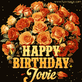 Animated bouquet of orange roses with moving butterfles and golden 'Happy Birthday Jovie' text, surrounded by sparkling accents and a dark backdrop for a luxurious feel.