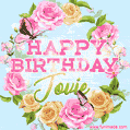 A charming animated GIF featuring 'Happy Birthday Jovie' in pink and green text, surrounded by delicate roses, leaves, and fluttering butterflies on a soft light blue pastel background.