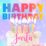 A vibrant animated name GIF with the words 'Happy Birthday Jovita' with colorful candles on a creamy cake. The background sparkles with pastel shades, adding a festive touch.