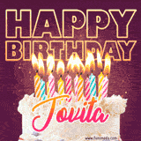 A colorful birthday cake topped with lit candles, with the words 'Happy Birthday Jovita' in bold glowing letters on a burgundy background. Animated flames add a festive touch.
