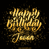 Animated GIF with colorful, festive 'Happy Birthday Jovon' text decorated with patterns, a party hat, and falling confetti. A vibrant and cheerful design for birthday celebrations.