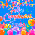 A vibrant animated GIF with 'Feliz Cumpleaños Jovon' written in colorful script, surrounded by balloons, confetti, and bunting on a bright blue background.