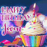 A festive animated GIF featuring a colorful cupcake with a single lit candle, sprinkles, and 'Happy Birthday Jovon' text against a sparkling, celebratory background.
