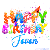 Animated GIF with colorful, festive 'Happy Birthday Jovon' text decorated with patterns, a party hat, and falling confetti. A vibrant and cheerful design for birthday celebrations.
