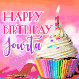 A vibrant birthday GIF featuring a rainbow-colored cupcake topped with white frosting, sprinkles, and a lit candle. The text reads 'Happy Birthday Jowita' in bold pink and violet letters with white outline.