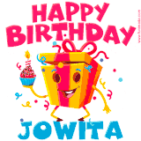 A vibrant and funny gift box character with a happy face dancing with a cupcake and the text 'Happy Birthday Jowita,' surrounded by animated confetti and party vibes.