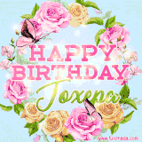 A charming animated GIF featuring 'Happy Birthday Joxepa' in pink and green text, surrounded by delicate roses, leaves, and fluttering butterflies on a soft light blue pastel background.