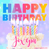 A vibrant animated name GIF with the words 'Happy Birthday Joxepa' with colorful candles on a creamy cake. The background sparkles with pastel shades, adding a festive touch.