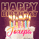 A colorful birthday cake topped with lit candles, with the words 'Happy Birthday Joxepa' in bold glowing letters on a burgundy background. Animated flames add a festive touch.