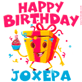A vibrant and funny gift box character with a happy face dancing with a cupcake and the text 'Happy Birthday Joxepa,' surrounded by animated confetti and party vibes.